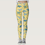 Legging Padrão de Dinossauro Gelado em Amarelo<br><div class="desc">Muitos dinossauros azuis,  Tyrannosaurus rex,  Spinossauro,  Stegossauro,  Diplodocuments e Tricerátops num fundo amarelo.</div>