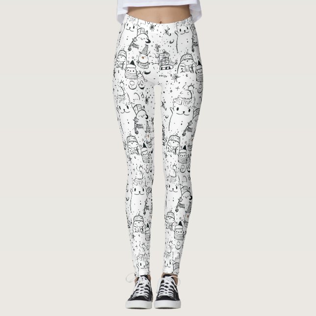 Legging Padrão de Doodle de Natal de Inverno Fofo (4) (Frente)