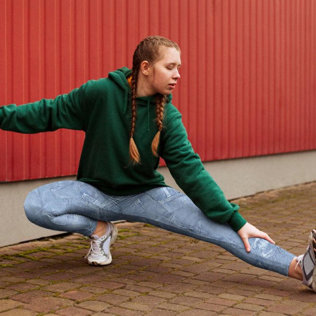 Legging Padrão de Efeito Jean Faux Azul Trendy (Trendy light blue jean faux effect pattern printed leggings, for yoga, fitness, pilates & lifestyle.)