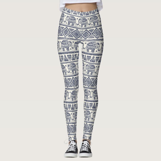 Legging Padrão de Elefante Étnico Azul (Frente)