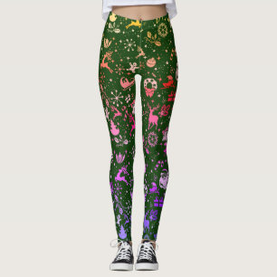 Legging Padrão de Elemento de Natal Arco-íris Verde