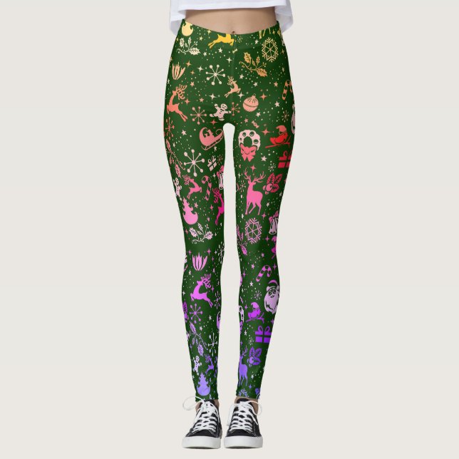 Legging Padrão de Elemento de Natal Arco-íris Verde (Frente)