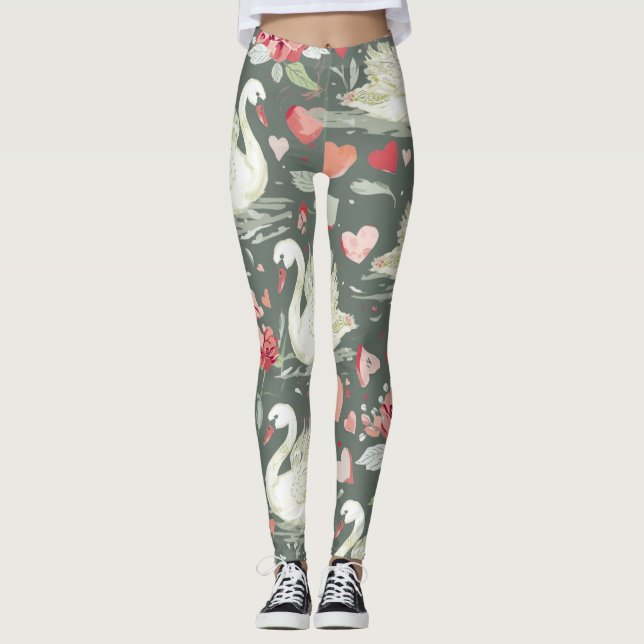Legging Padrão de Elementos Cisnes e Corações Rústicos Ele (Frente)