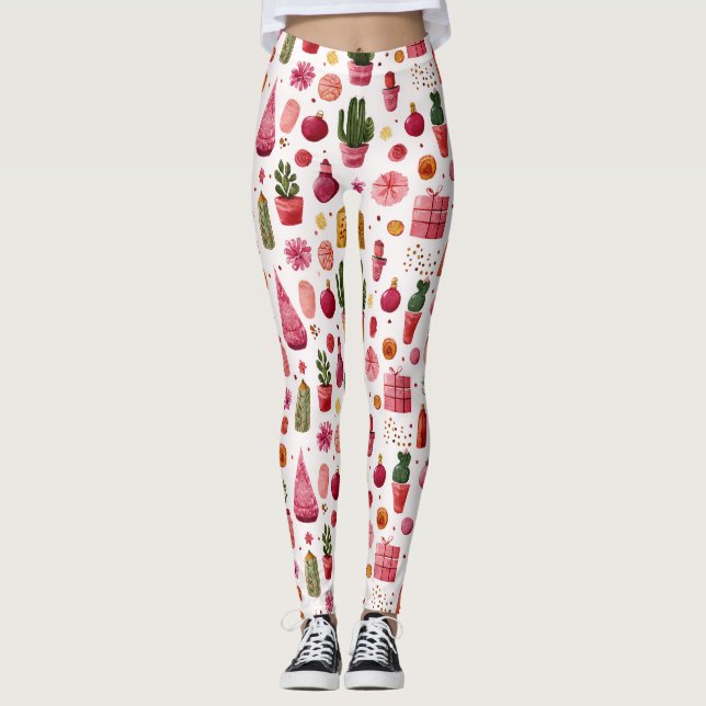 Legging Padrão de enfeites de Natal de cacto rosa (Frente)