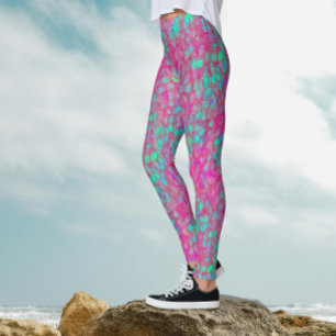 Legging Padrão de Escala de Peixes Rosa-Rosa Turquesa-Caud
