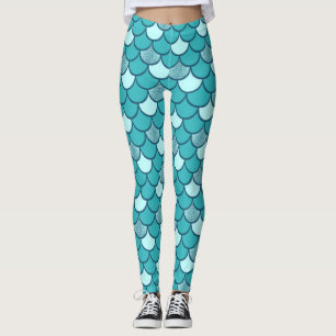 Legging Padrão de Escama de Sereia Turquesa com Brilho