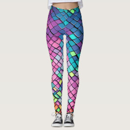 Legging Padrão de Escamas de Cauda de Sereia Colorido Rosa