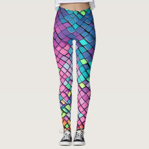 Legging Padrão de Escamas de Cauda de Sereia Colorido Rosa