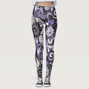 Legging Padrão de Estampa Paisley Preto Branco Roxo