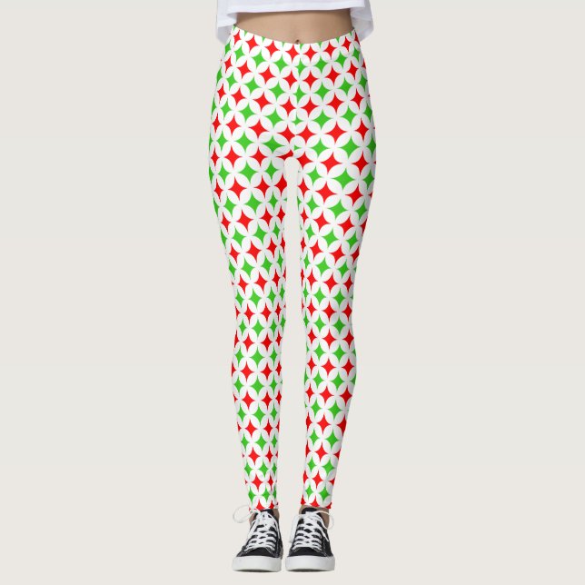 Legging Padrão de estrelas de diamante verde e vermelho em (Frente)