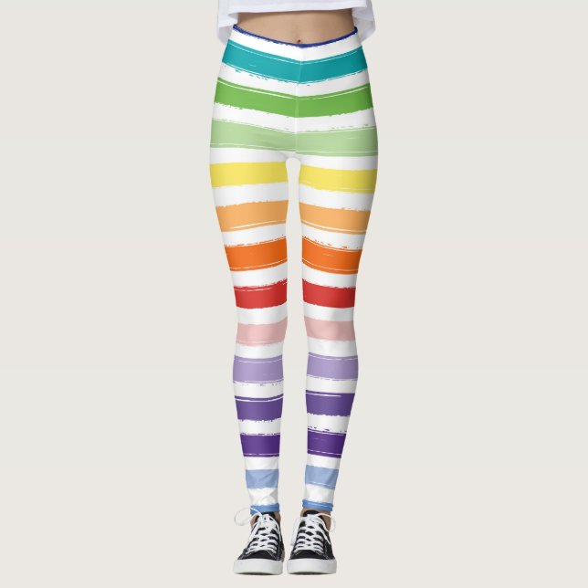 Legging Padrão de Faixa de Pincel de Aquarela Arco-íris (Frente)
