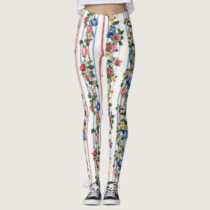 Legging Padrão de Faixa Floral de Morango Vertical Vintage