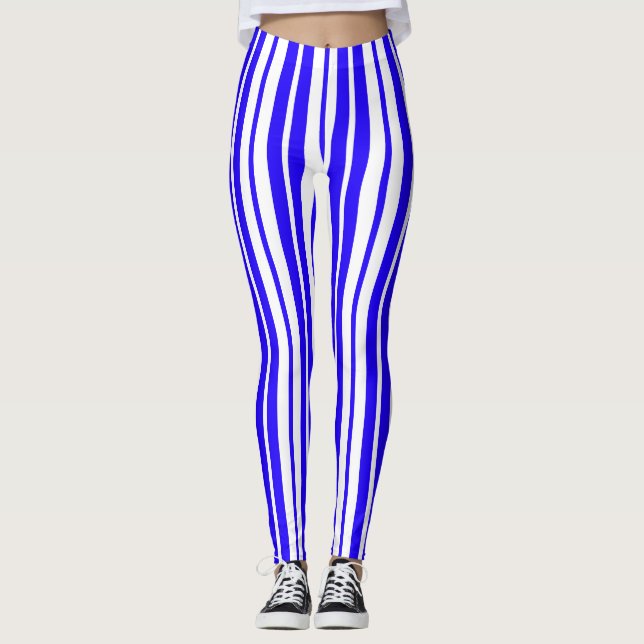 Legging Padrão de Faixa Vertical Branco Azul (Frente)