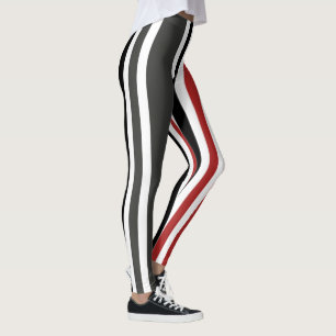 Legging Padrão de Faixa Vertical da Cinza Negra Vermelha