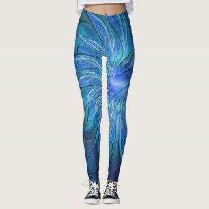 Legging Padrão de fantasia de flores azuis, arte frontal A