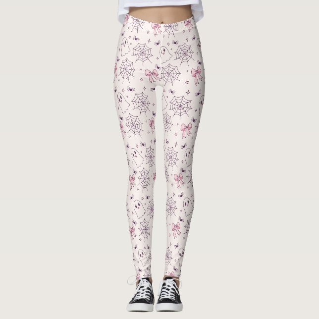 Legging Padrão de fantasma e teia do Dia das Bruxas (Frente)