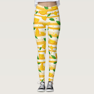 Legging Padrão de Fatia Laranja com Folhas Verdes