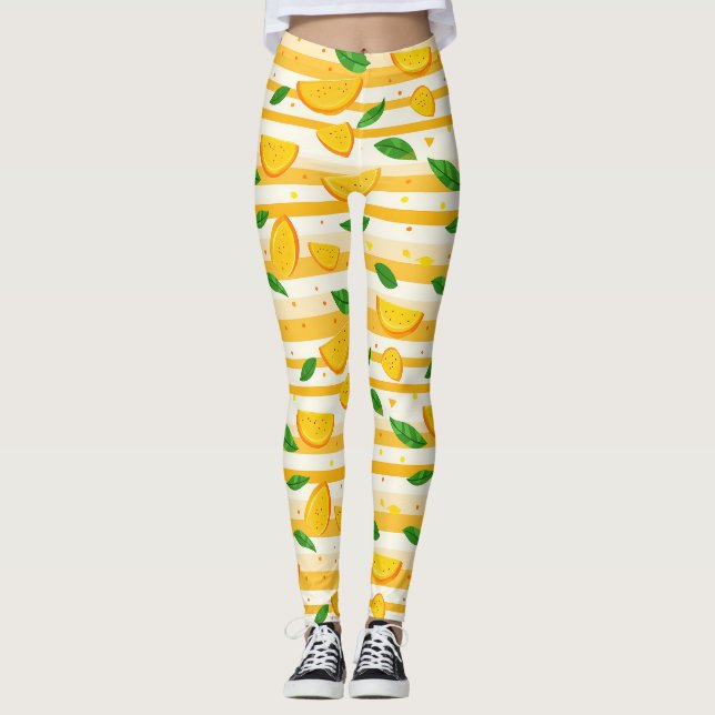 Legging Padrão de Fatia Laranja com Folhas Verdes (Frente)