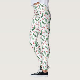Legging Padrão de Feriado Verde Holly Red Berries