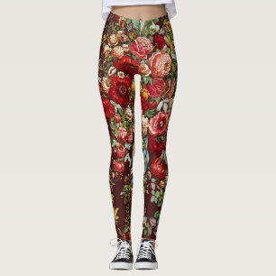Legging Padrão de Fita Floral Rosa Vitoriana Borgonha Escu