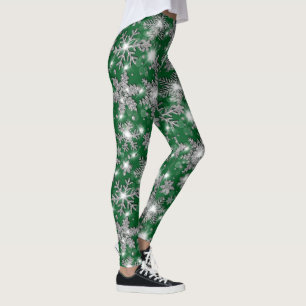 Legging Padrão de floco de neve festivo verde-prateado