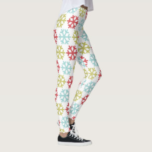Legging Padrão de Flocos de Neve Azul-Verde limão Vermelho