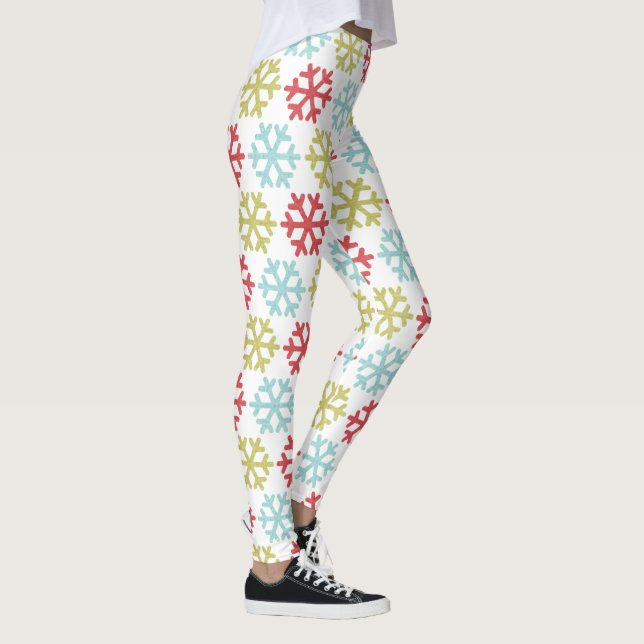 Legging Padrão de Flocos de Neve Azul-Verde limão Vermelho (Direita)