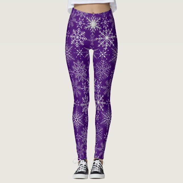 Legging Padrão de flocos de neve branco. D Purple BG (Frente)