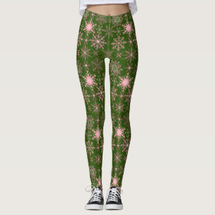 Legging Padrão de flocos de neve Rosa D Verde BG