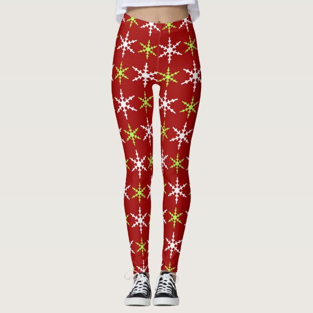 Legging Padrão de flocos de neve verdes e brancos (Frente)