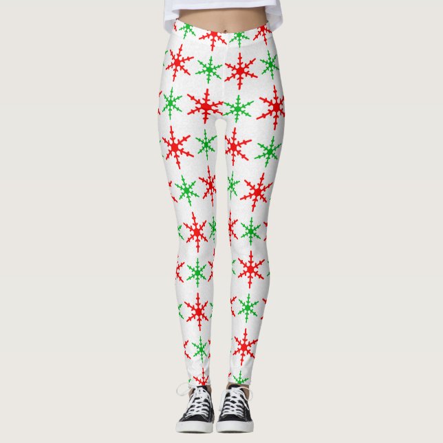 Legging Padrão de flocos de neve vermelhos e verdes (Frente)