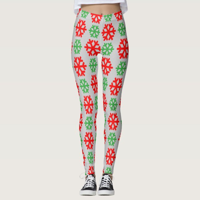 Legging Padrão de flocos de neve vermelhos e verdes (Frente)