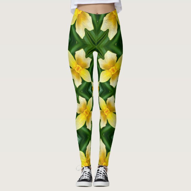 Legging Padrão de Flor Amarelo-Cuto (Frente)