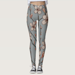 Legging Padrão de Flor de Cinza e Rosa Vintage