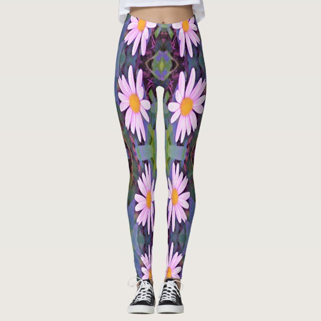 Legging Padrão de Flor de Margarida Rosa Retrô (Frente)