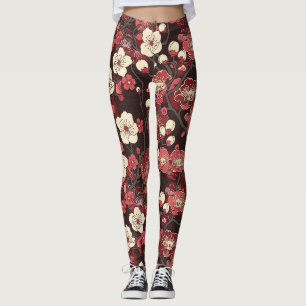 Legging Padrão de Flor de Sakura Burgundy Escuro Coral