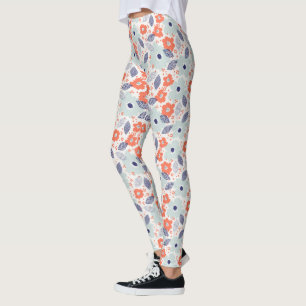 Legging Padrão de Flor Moderno Laranja e Azul
