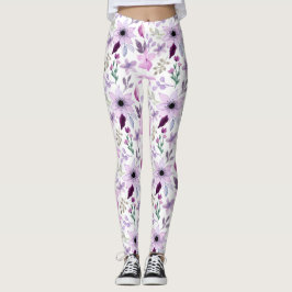 Legging Padrão de Flor Rosa e Roxa Elegante