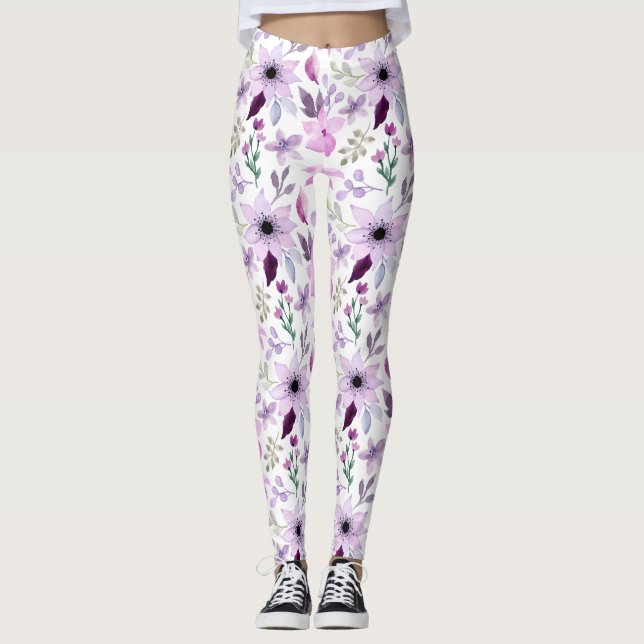 Legging Padrão de Flor Rosa e Roxa Elegante (Frente)