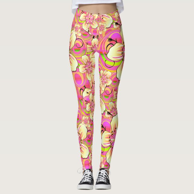 Legging padrão de flor rosa groovy (Frente)