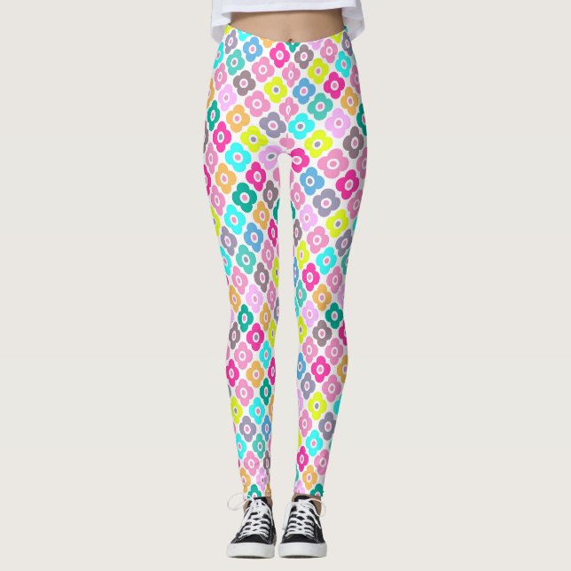 Legging Padrão de flor rústica multicolorida em branco  (Frente)