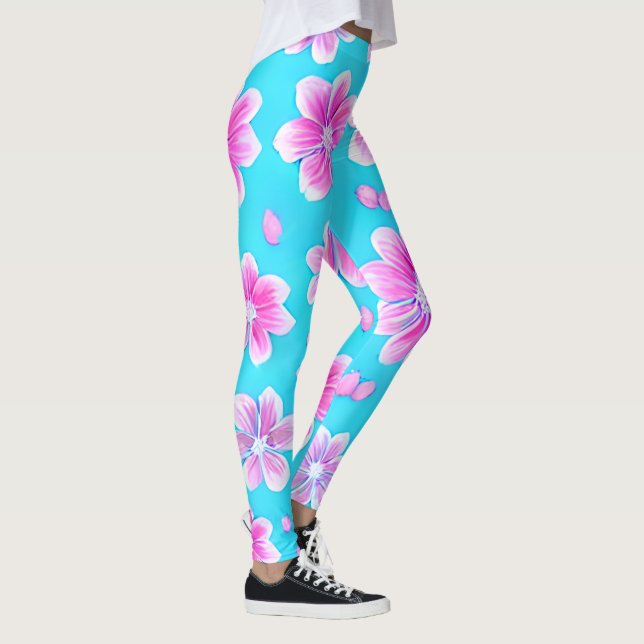 Legging Padrão de Flor Simples Azul e Rosa (Direita)