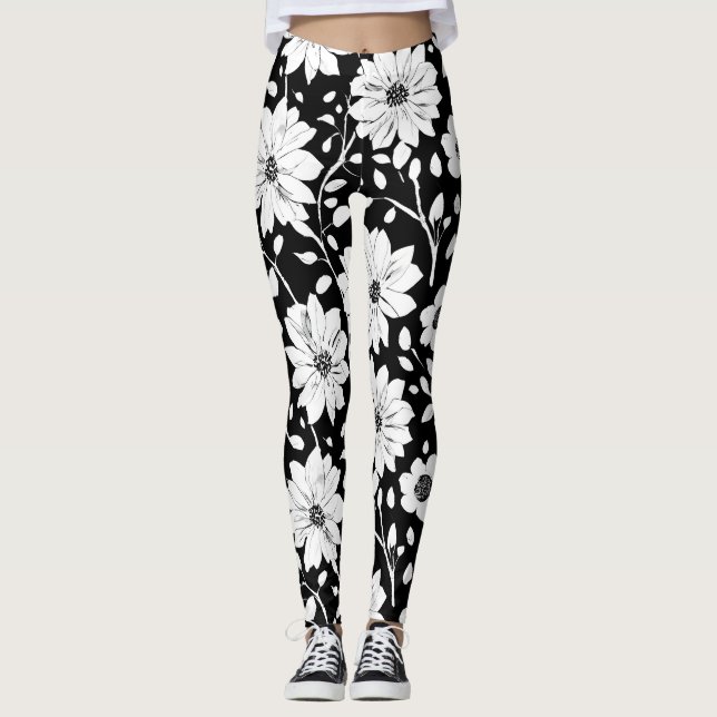 Legging Padrão de Flor Simples Preto e Branco Sem Olho (Frente)