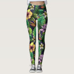 Legging Padrão de Flor Tropical Echado Amarelo-Rosa Preto<br><div class="desc">Volte a estas leggings super divertidas que incluem um padrão de flores de hibisco,  pássaros do paraíso e samambaias de palma. Perfeito para um evento especial,  treino na academia,  férias tropicais ou festival.</div>