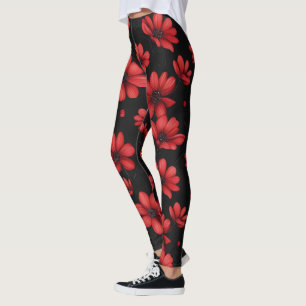 Legging Padrão de Flor Vermelho Elegante