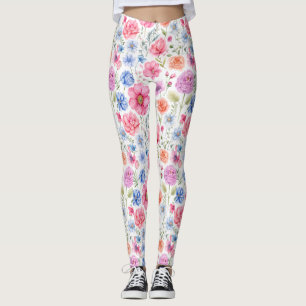 Legging Padrão de Flora de Flores Coloridas de Cores Aquát