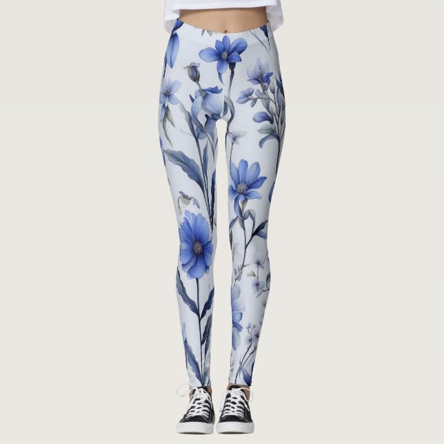 Legging Padrão de flores azuis botânicas (Frente)