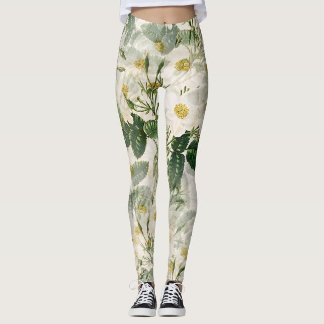 Legging Padrão de Flores Brancas Botânicas e Folhas Verde (Frente)