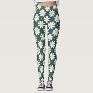 Legging Padrão de flores brancas e amarelas