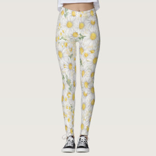 Legging padrão de flores brancas em aquarela